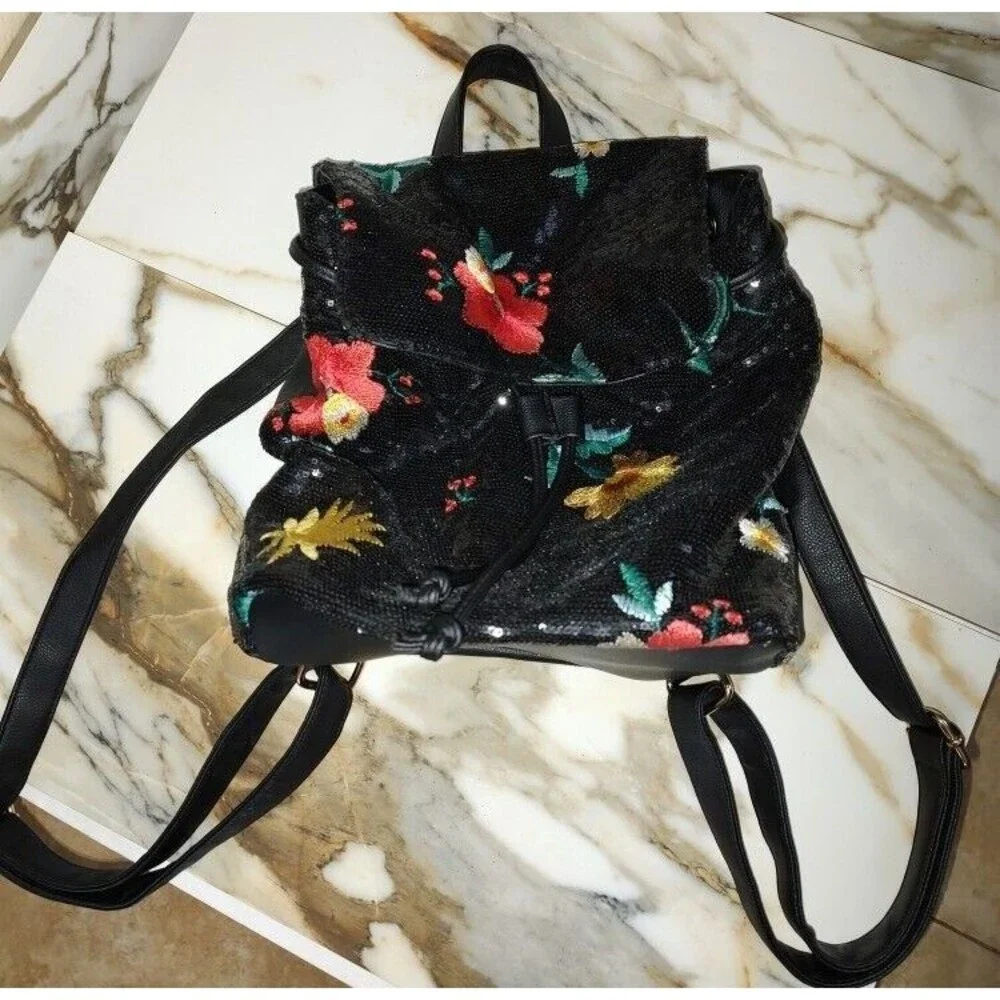 Beautiful Women's Unbranded Sequin Floral Black Backpack 12